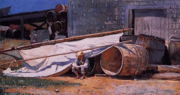 boy with a skull Painting - Boy in a Boatyard aka Boy with Barrels Realism painter Winslow Homer